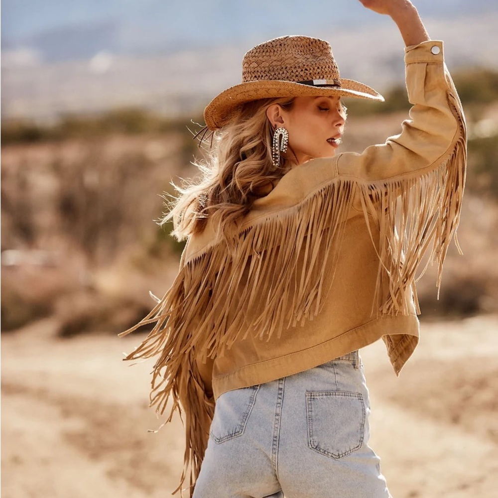 NWT 12th the tribe desert palm denim Fringe jacket small